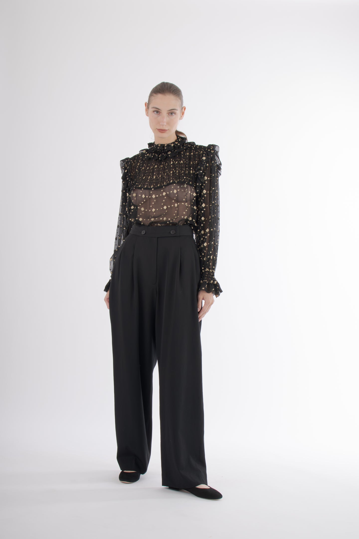 1977 Yves Saint Laurent Rive-Gauche Black w/ Gold Lurex Smocked Silk Chiffon Blouse
