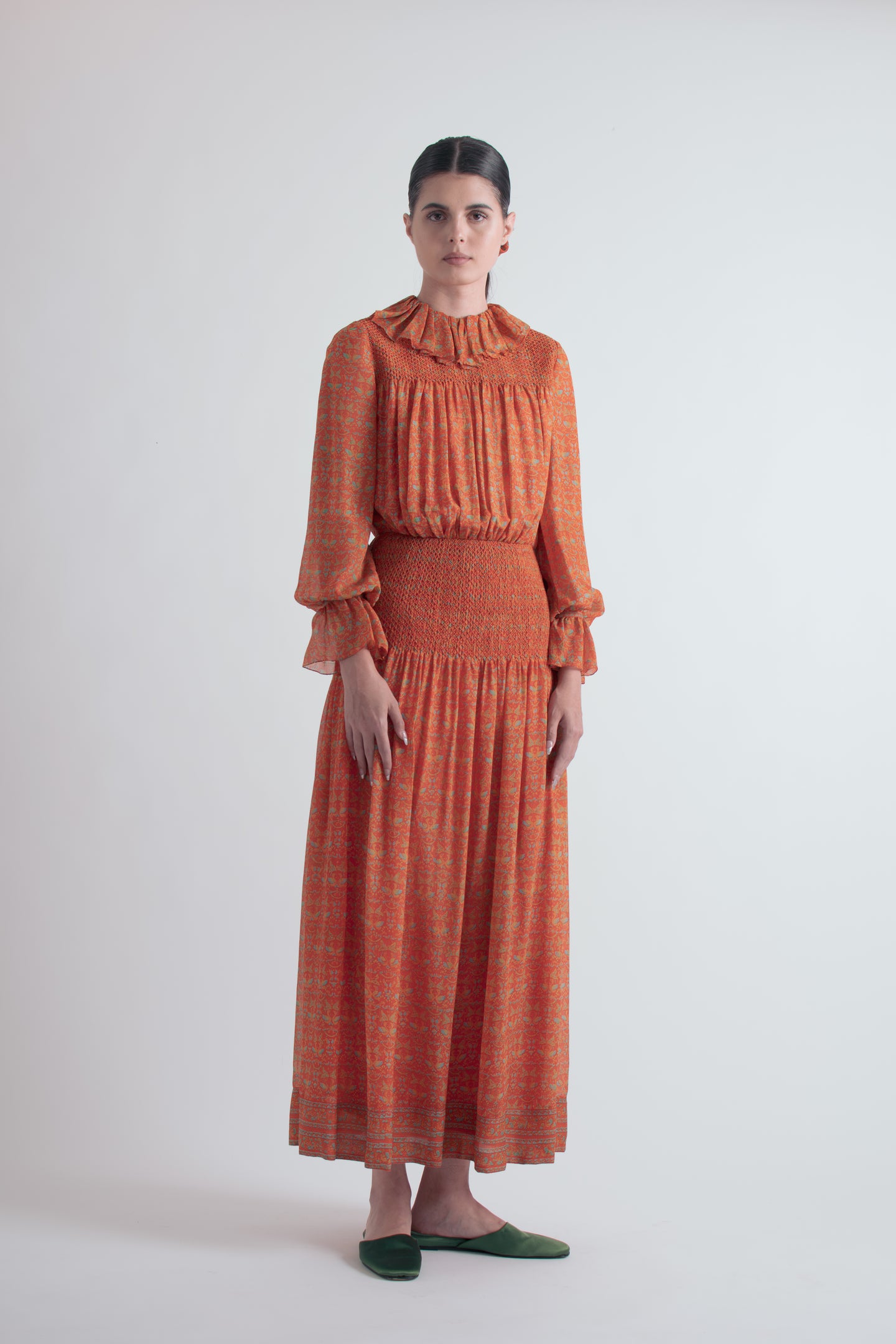 1970's Treacy Lowe London Tissue Silk Smocked Maxi dress