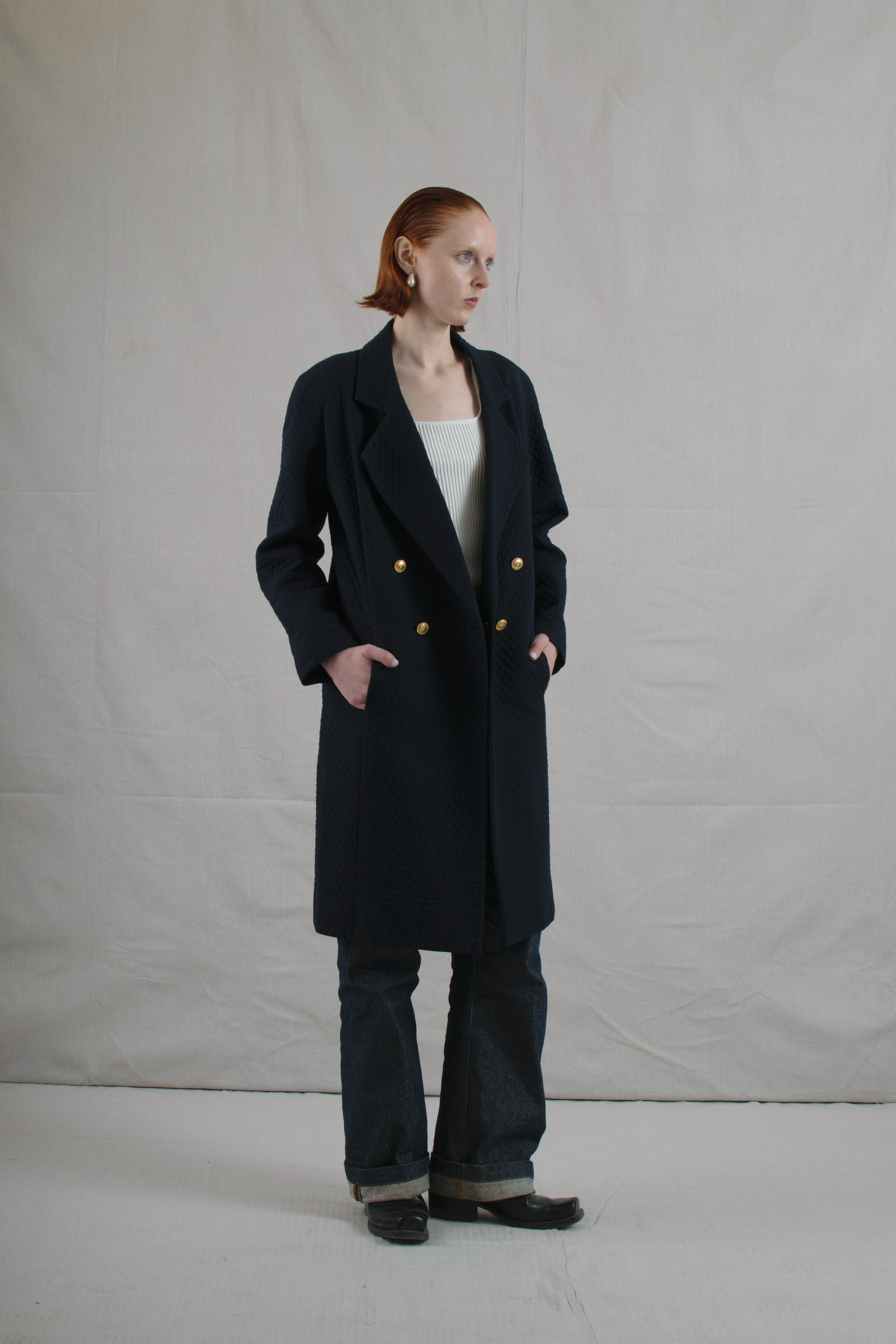 1980's Chanel Navy Quilted Double Breasted Coat