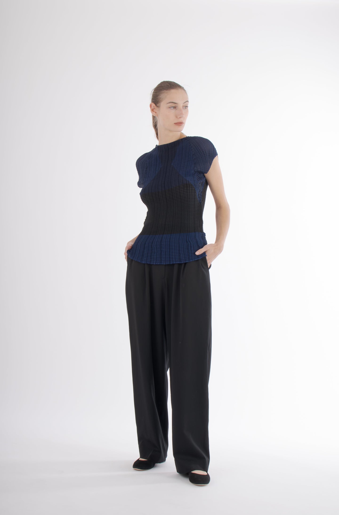 Y2K  Issey Miyake Graphic Blue and Black Pleated Top