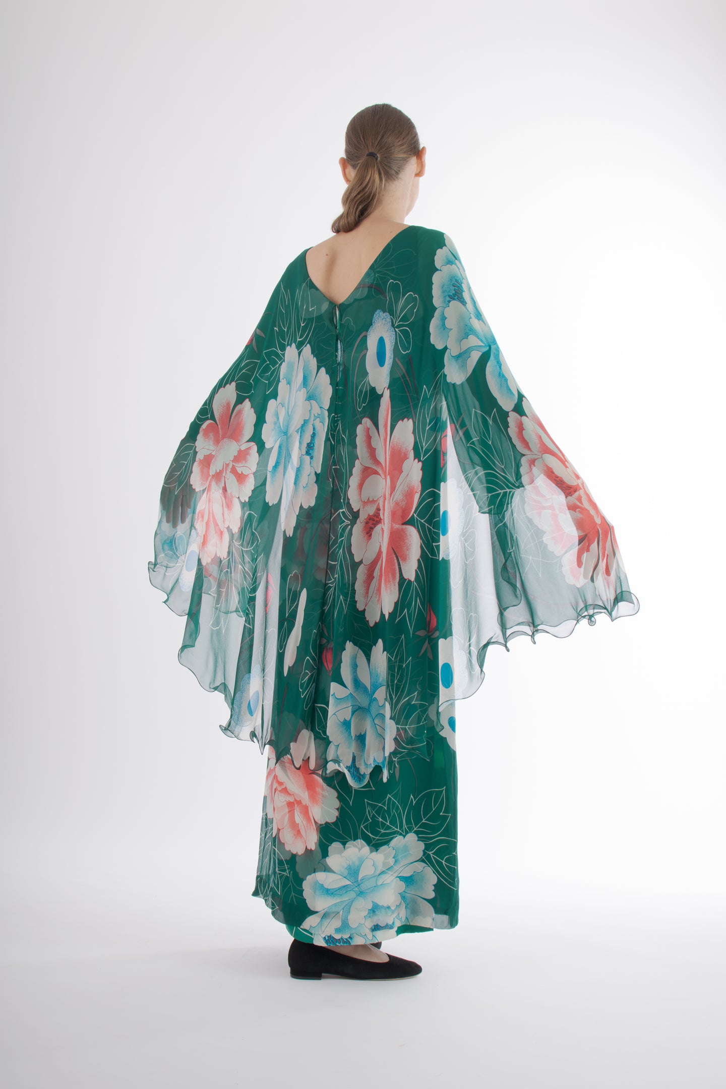 1970's Hanae Mori Green Floral Silk Chiffon Dress
