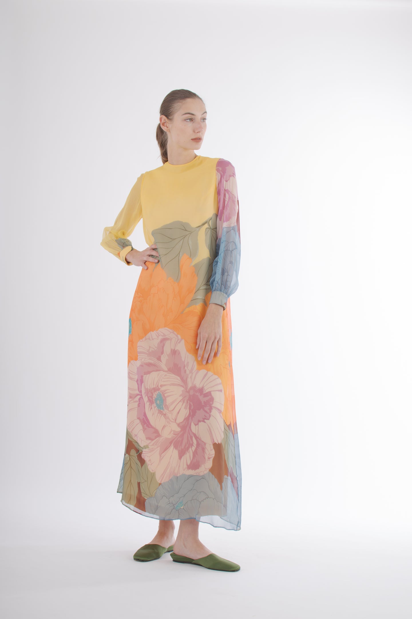 1970's Hanae Mori Yellow Floral Silk Chiffon Dress