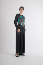 Load image into Gallery viewer, 1980&#39;s Geoffrey Beene Black Satin Chrysanthemum Dress
