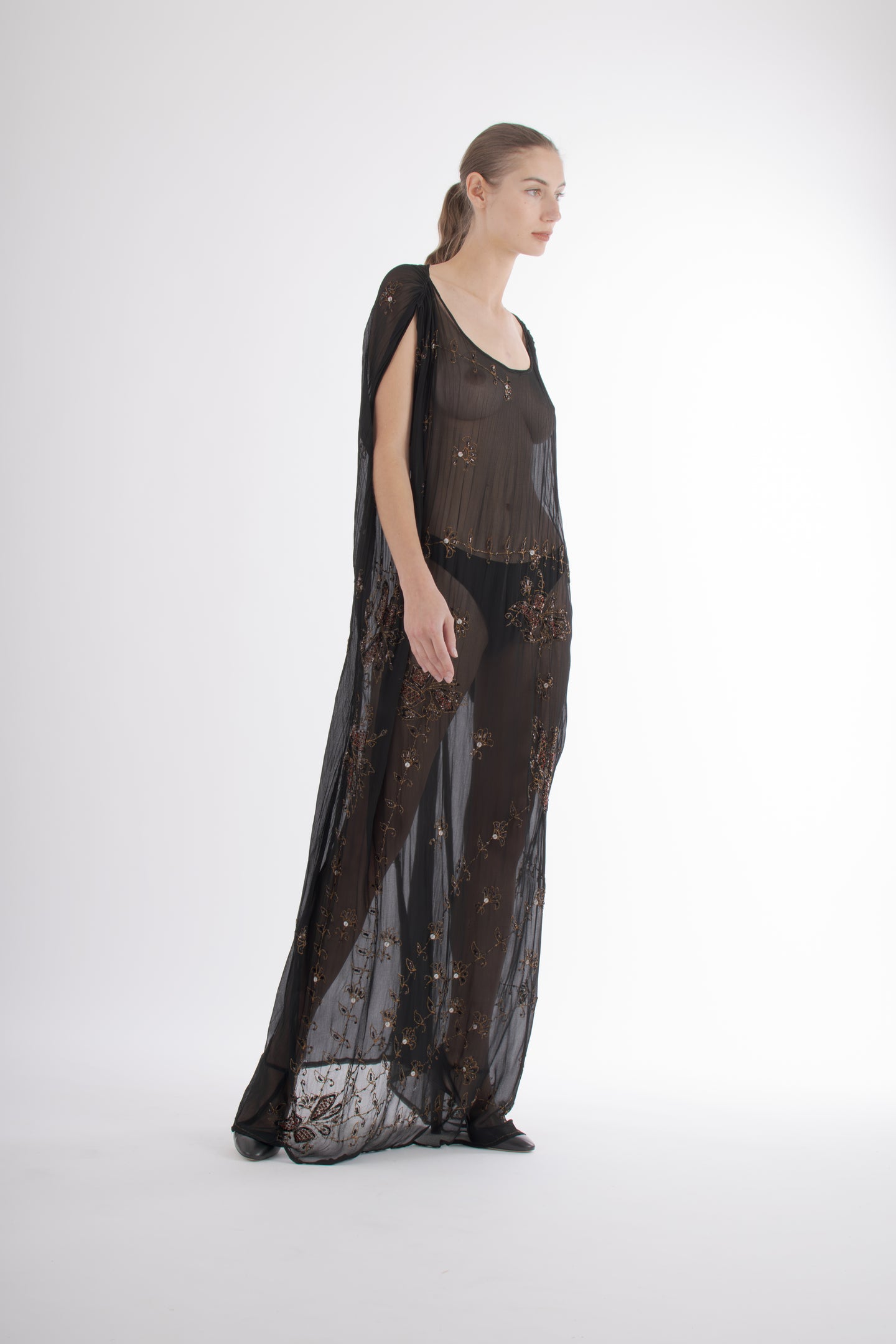 1920's Black Silk Chiffon & Gold Embroidered Kaftan
