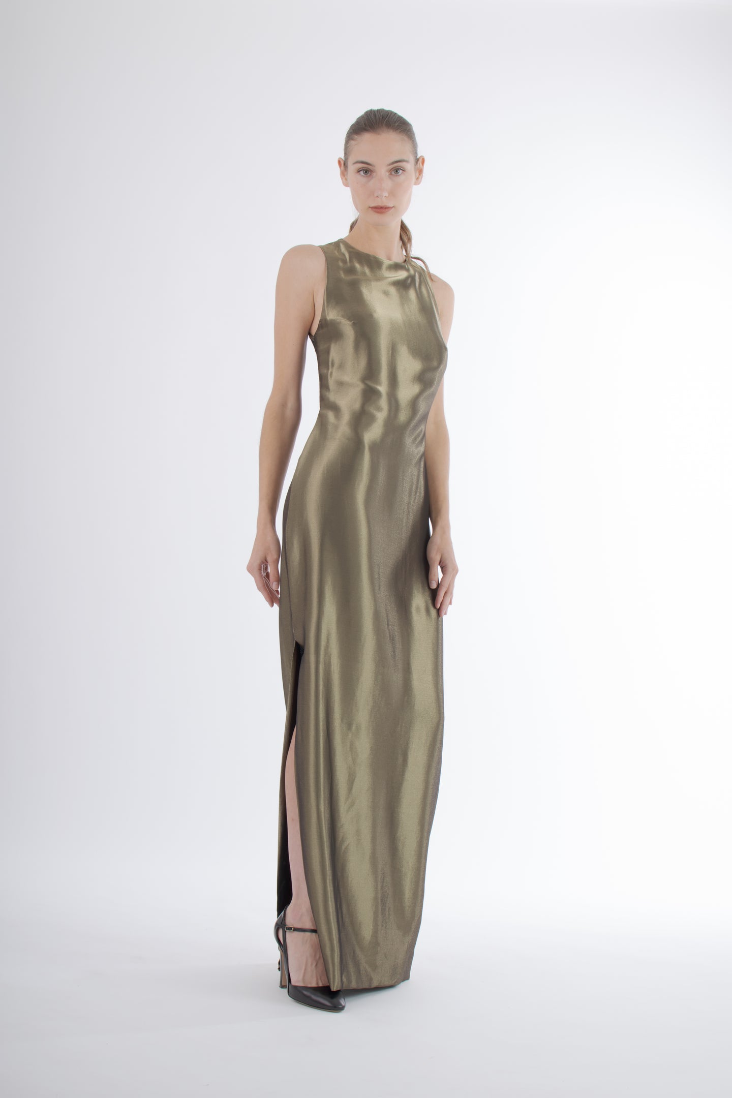 Y2K Vera Wang Gold Lamé Column Dress