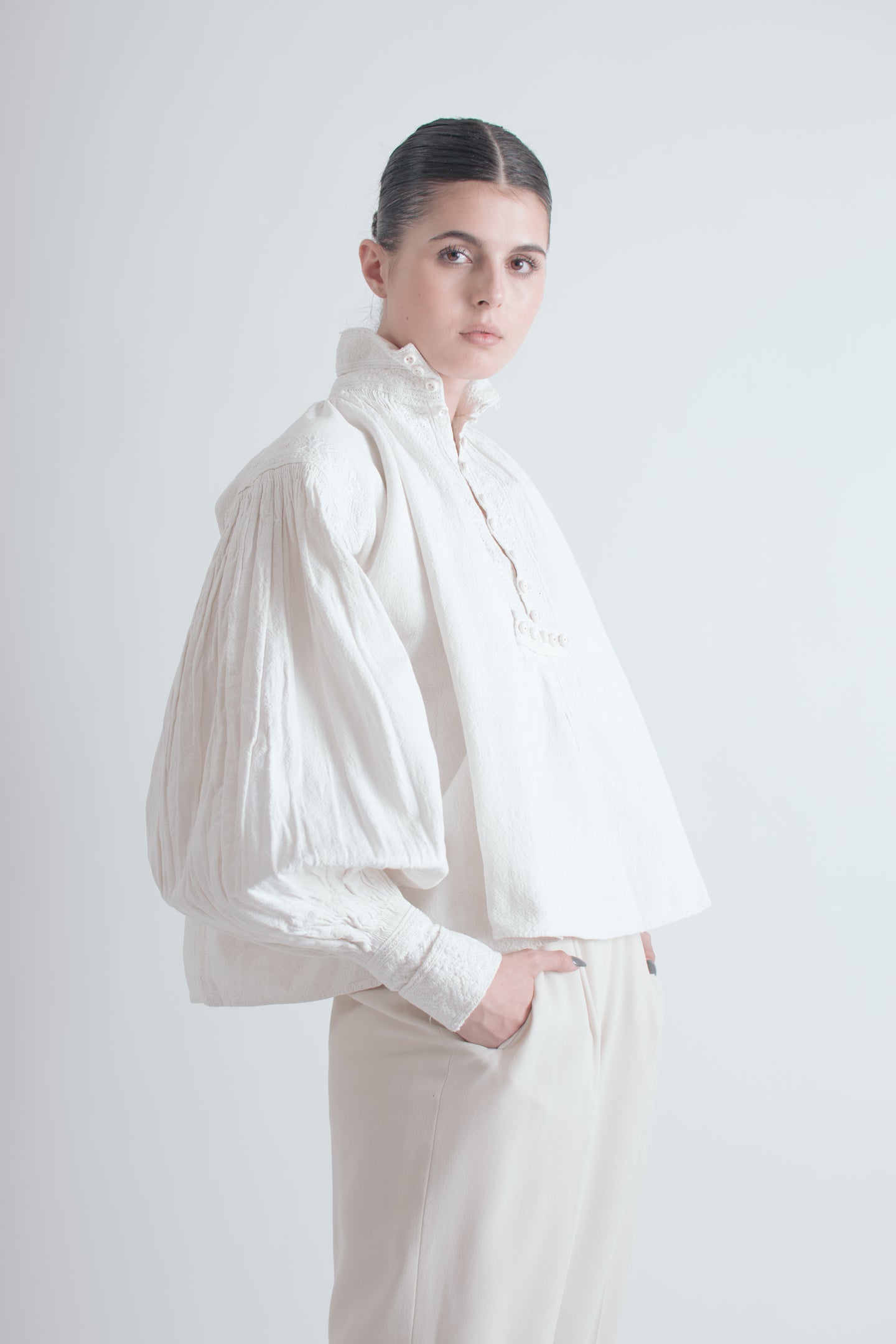 Antique Textured  Linen Hand Embroidered Folk Blouse